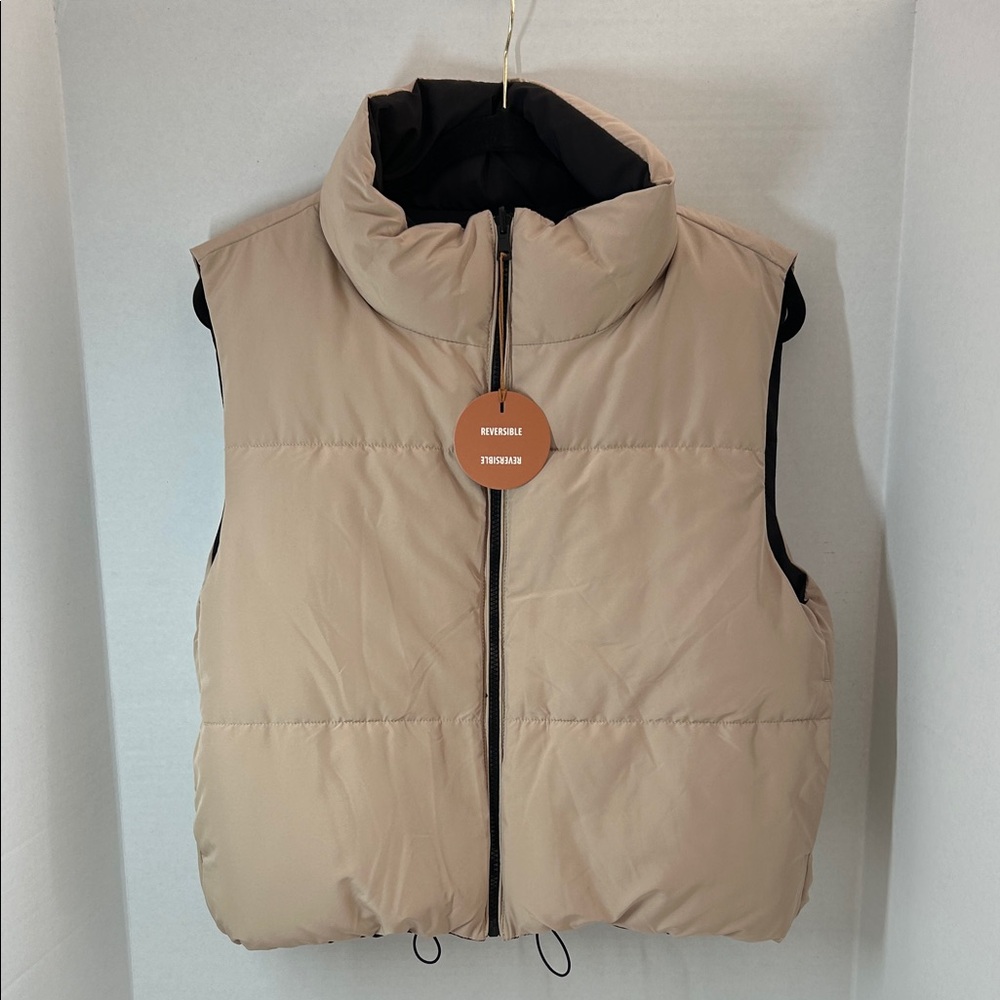 NWT-Boutique Reversible Puffer Vest - Black & Tan - Size L - Picture 2 of 5